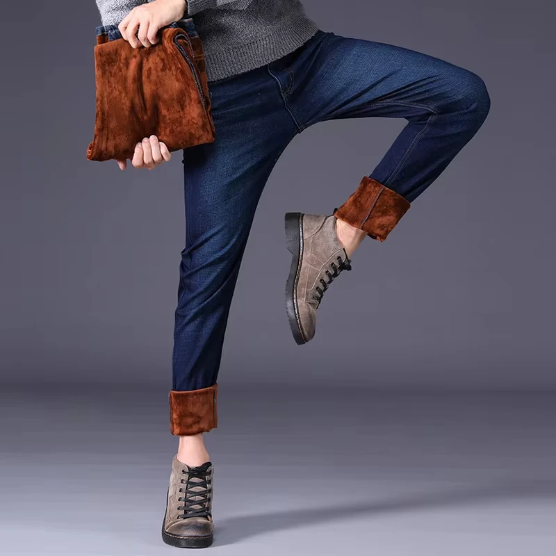 الشتاء الرجال الدافئة جينز سترتش 10XL أفخم الدنيم فضفاض مستقيم بالإضافة إلى حجم السراويل الفضفاضة لارتداء مريح