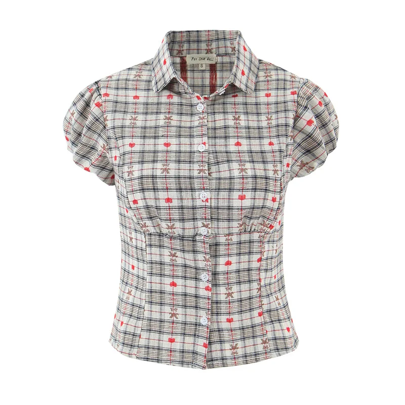 Damesblouse 2026 Lente Nieuw Geruit Print Kort Puffmouw Blouse met Volantdetail en Tailleband Casual Mode Veelzijdig