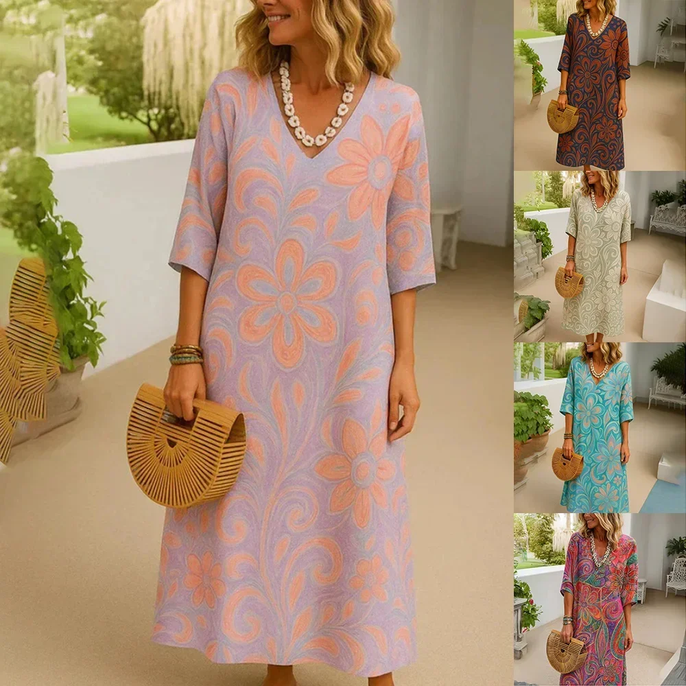 Ladies Long Dress Casual Floral 3D Printed Mid-length Sleeve Dress Fashion Sexy Party Dresses Woman Clothes 2025