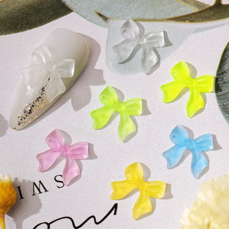 50Pcs Mixed Fluorescent Color Ribbon Bow Nail Charms Accessories Neon Summer Nail Art Decorations Design Supplies Manicure Parts