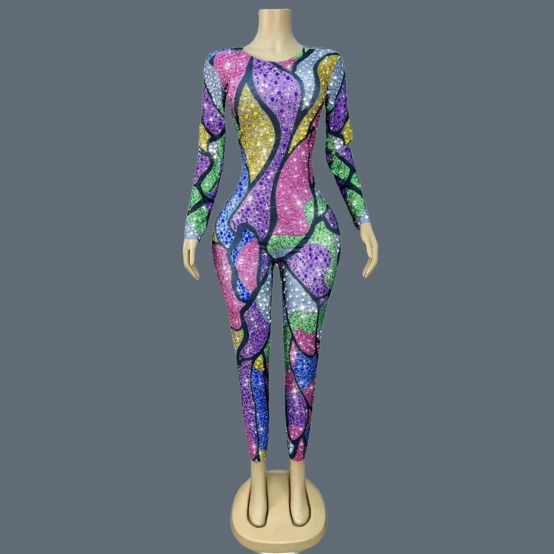 

Mysterious Dreamlike Colorful Rhinestone Sparkly Jumpsuit Dance Nightclub Drag Queen Performer Wear Night Out Outfit Qianbaise