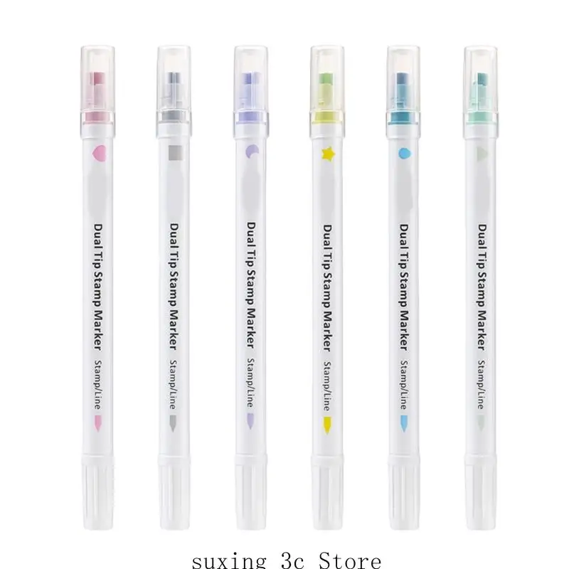 

6Pcs Double Ended Stamping Markers with Stamp and Fine Point Tip for Scrapbooking Journal Planner Calendar Card Making