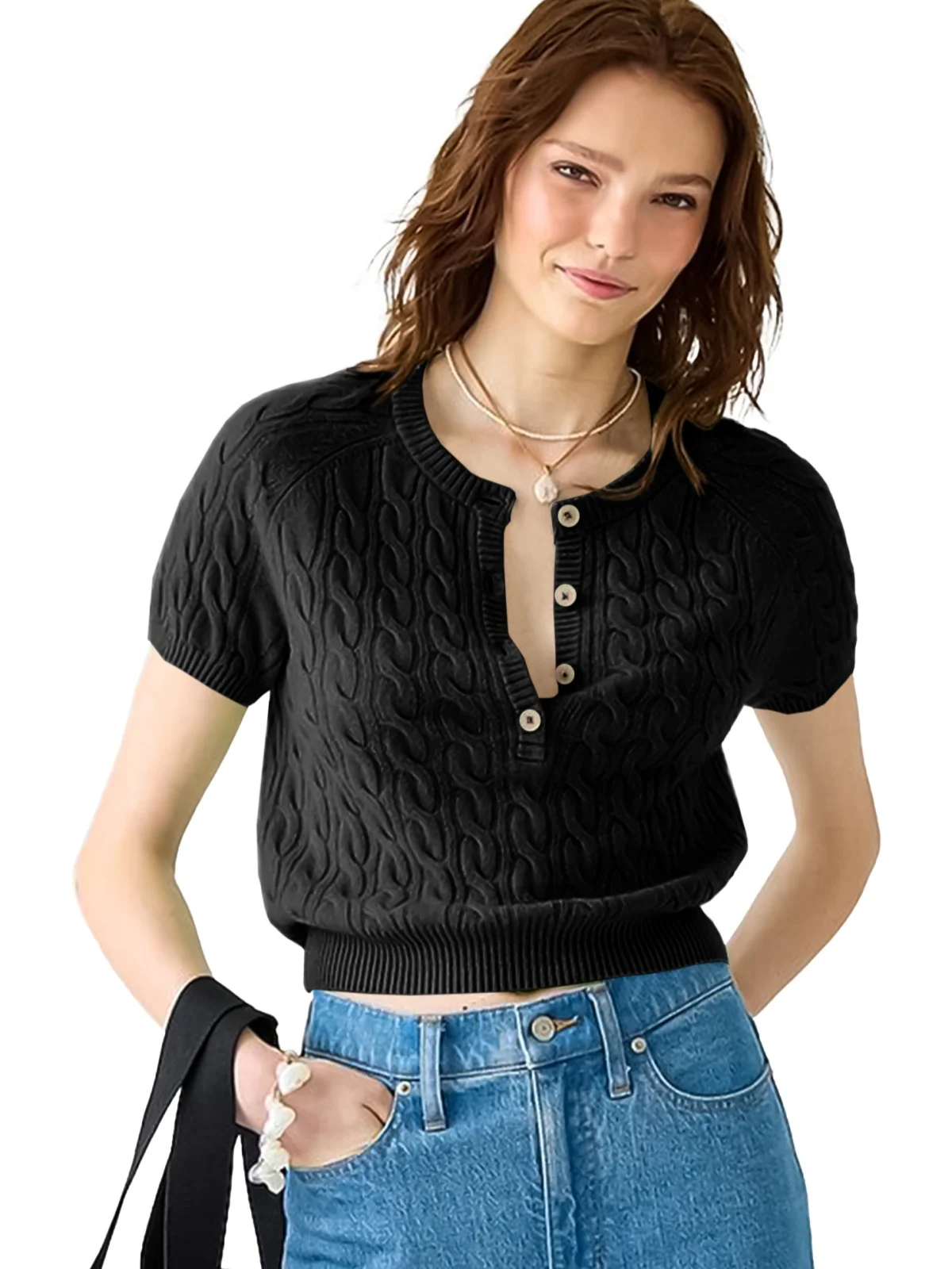 Button Crew Neck Trendy Sweater Women Solid Color Short Sleeve Elegant Sweaters Fashion Casual Loose Fit Knitted Pullover Tops