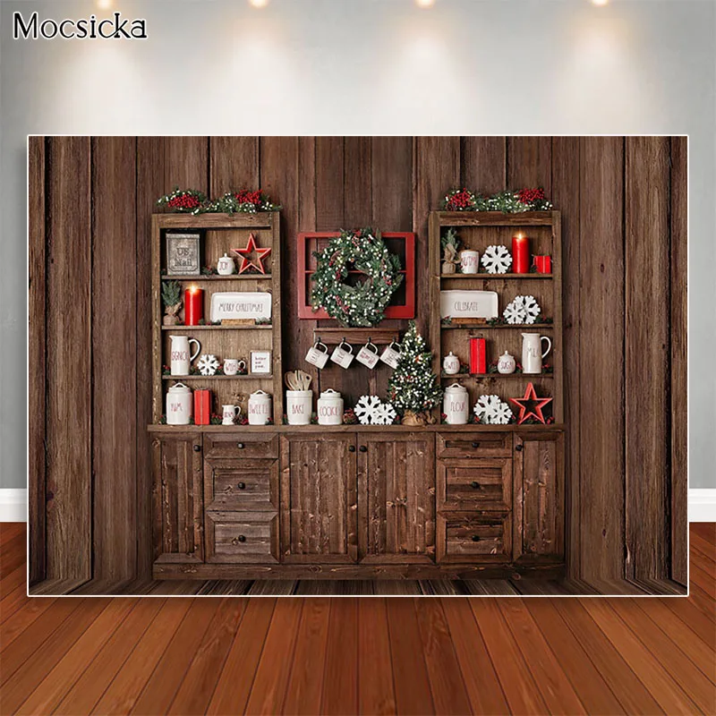 Christmas Kitchen Backdrops for Photography Brown Wood Cupboard Backgrounds for Photo Studio Christmas Tree Decorations Supplies