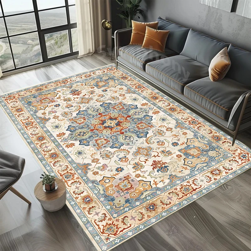 Traditional Persian Medallion Rug Luxury Ivory Cream Blue Vintage Carpet Contemporary Floor Covering Living Bedroom