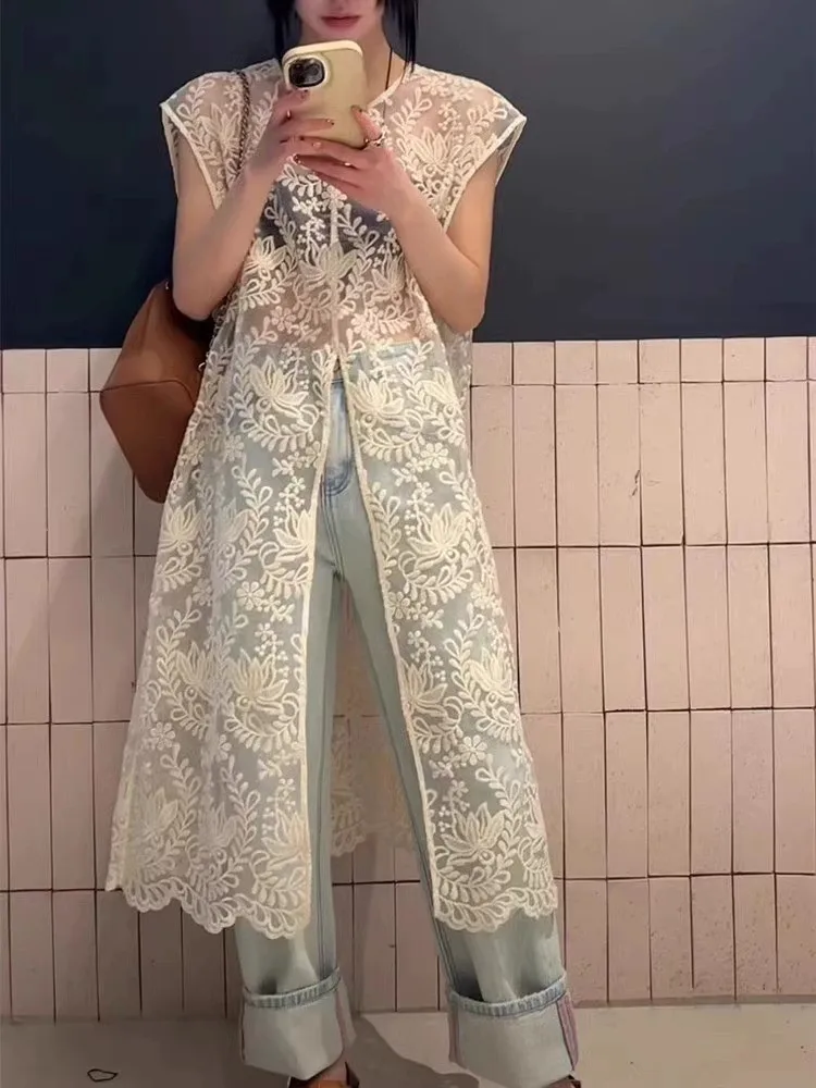 

Long V-Neck Lace Embroidery Hollow out Backless Sleeveless Women's Dress Curtain Partition Cardigan Style A-Line Midi Dress