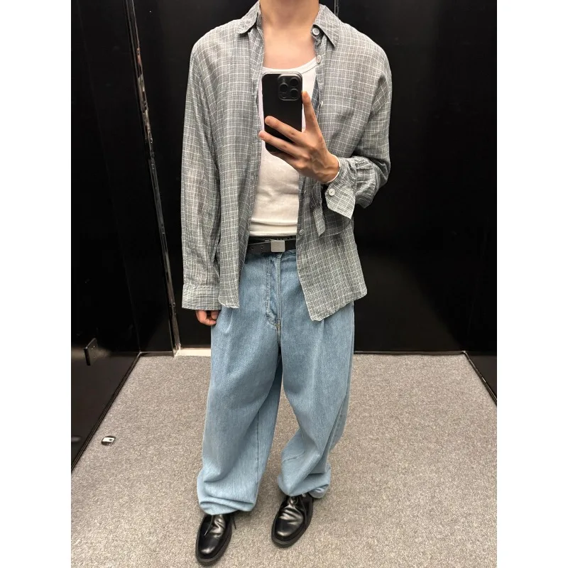 High Street Our Legac Men Cyan Checkered Casual Oversized Shirt Light Thin Breathable Long Sleeve Blouse Men's Clothing