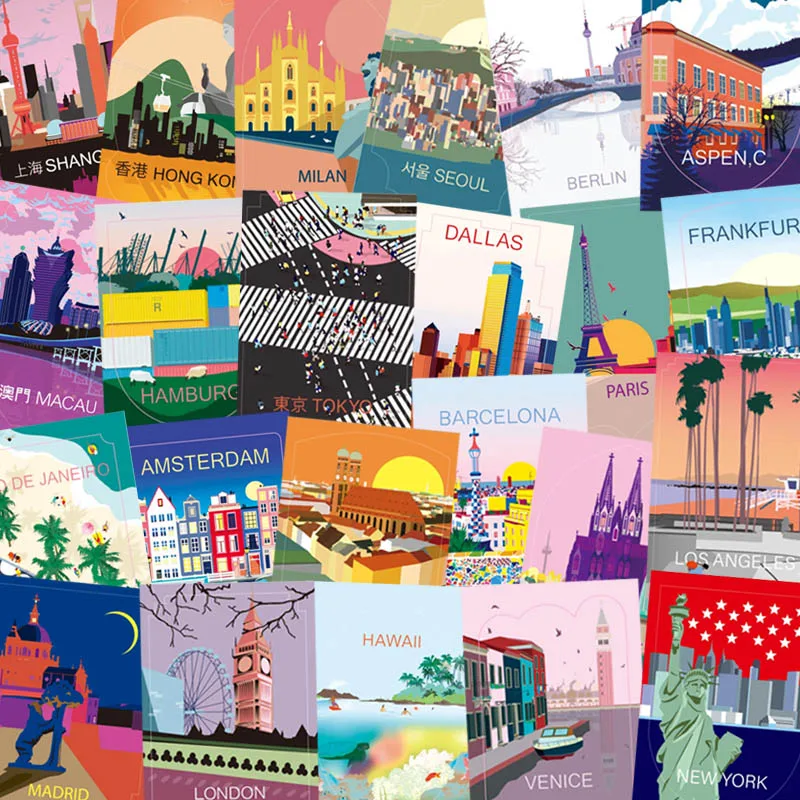 City Postcards Commemorative Stickers Tourist Scenery Decals Suitcase Decoration Sticker for Luggage Fridge Laptop Guitar Case