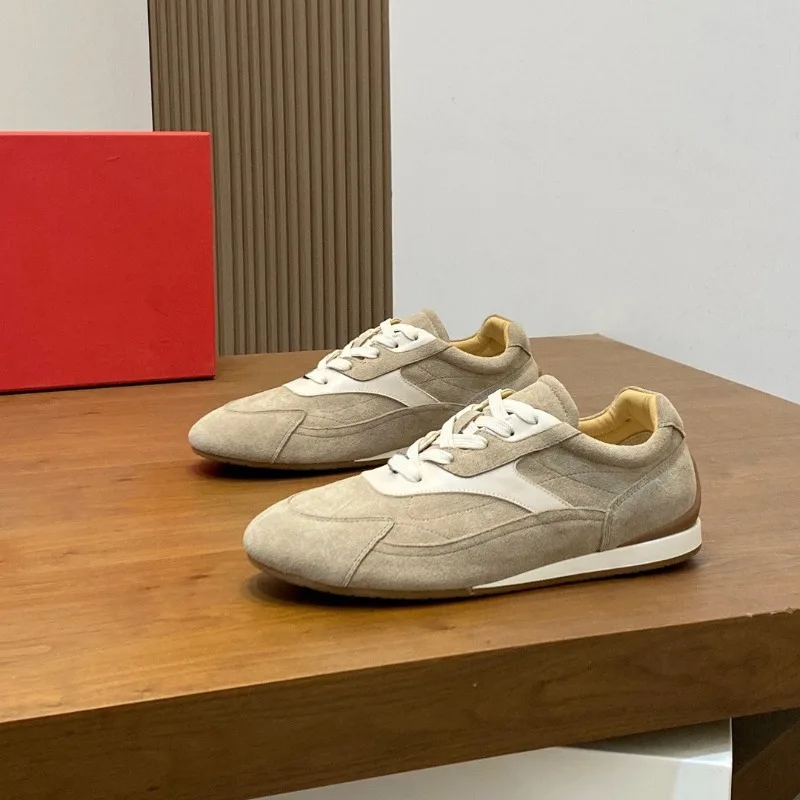 26AW New Men Genuine Leather German Trainer Shoes White Lace Up Round Toe Breathable Versatile All Season Casual Shoes