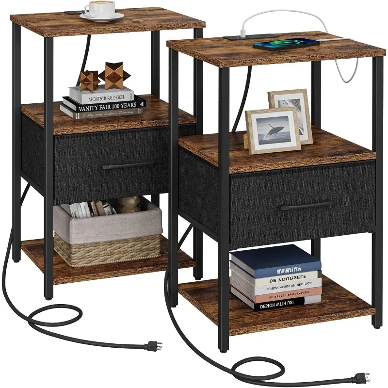 

End Table, Side Table with Charging Station, Nightstand Set of 2, Bedside Table with Fabric Drawer