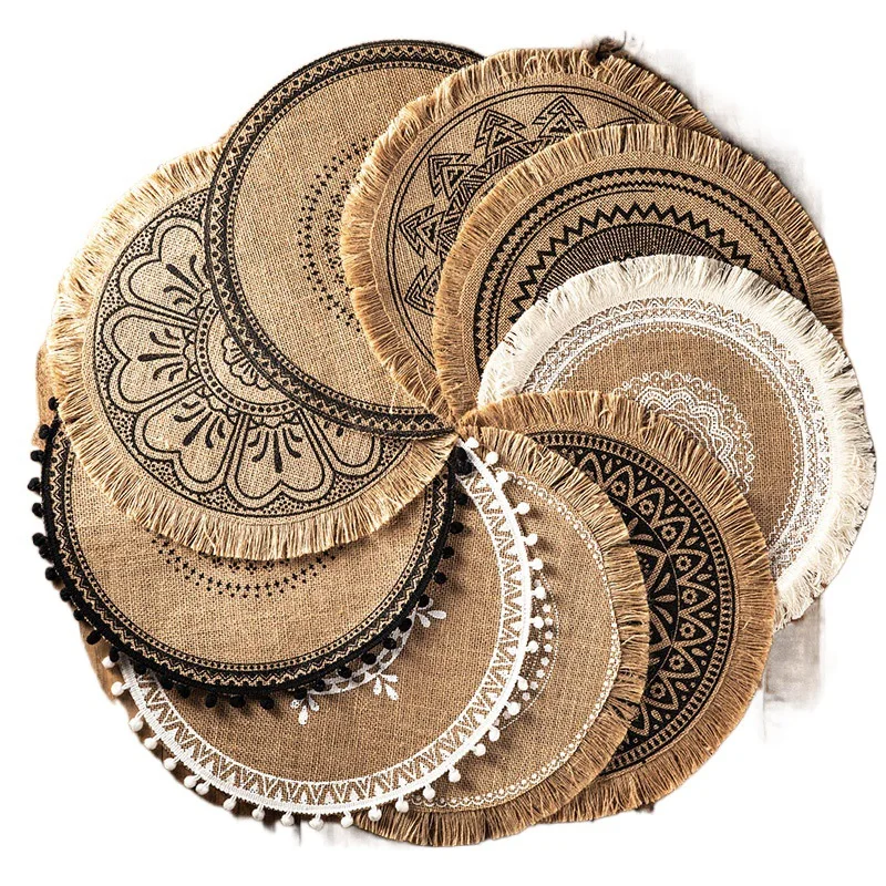 4pcs Bohemian Diameter38cm/15inch Round Insulated Anti-scald Placemat Cup Coaster Mats Non-Slip Kitchen Accessories with Tassels