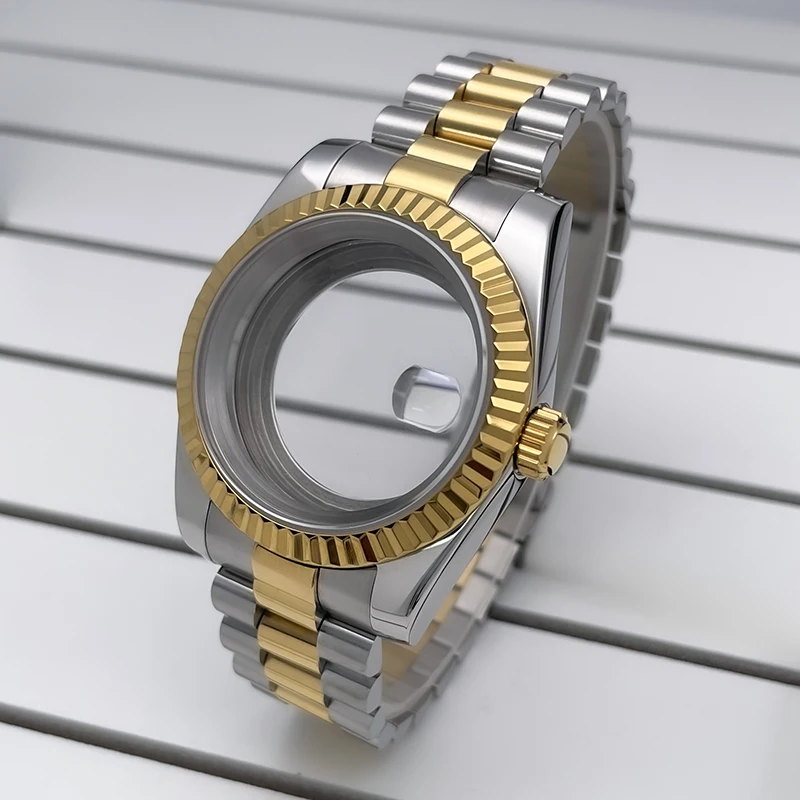 39mm DJ2T NH35 Case Fluted Bezel Yellow Gold Sapphire Glass Seik Mod Modification Parts Fit NH35 NH36 Movement Steel Watch Case
