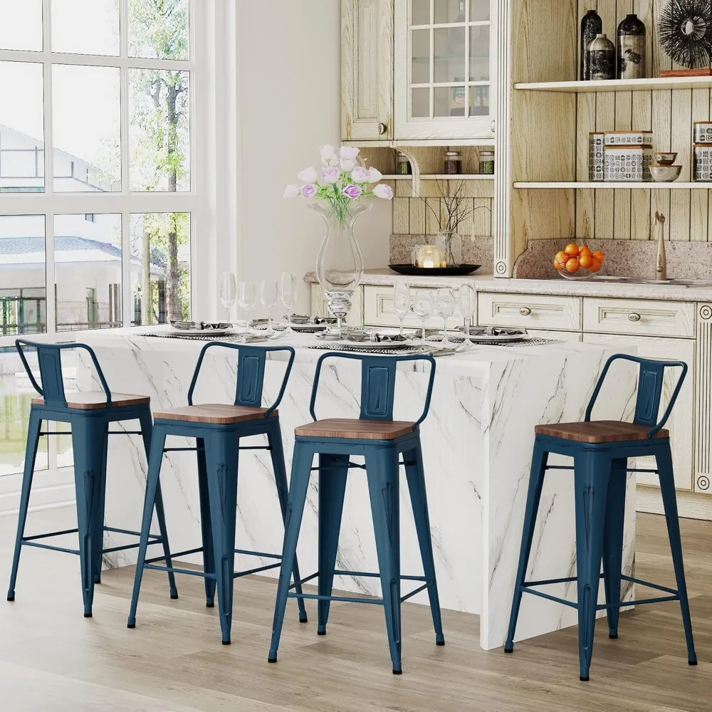 Bar Stools Set of 4 Counter Height Stools Industrial Metal Sturdy Barstools with Wooden Seats(24 Inch, Distressed Navy)