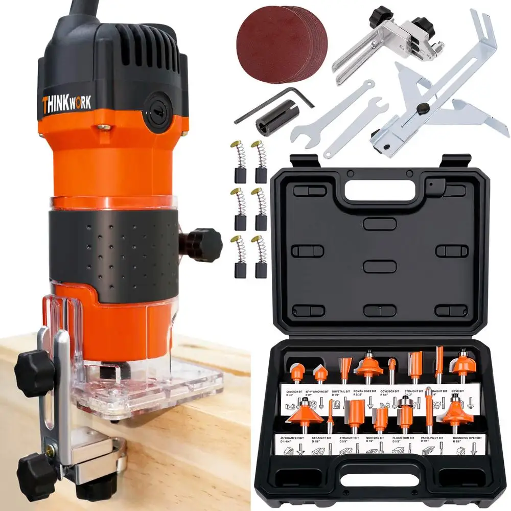 Compact Wood Router 1.25HP Palm Trimmer 6.5A 15pc 1/4" Bits Set 30000RPM