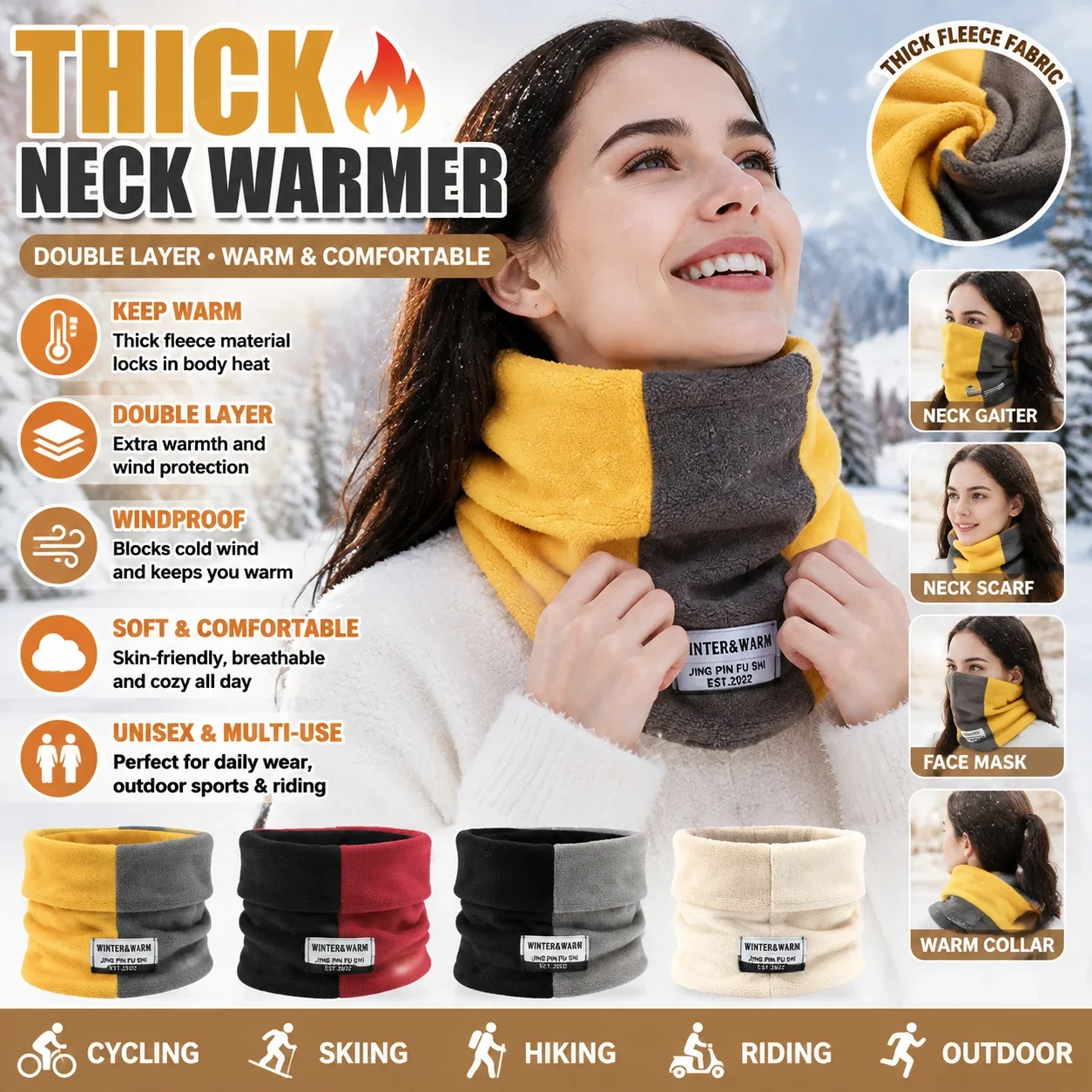 Thick Neck Warmer Unisex Gaiter Scarf Double Layer Winter Scarf Outdoor Riding Accessory All Season Neck Protection