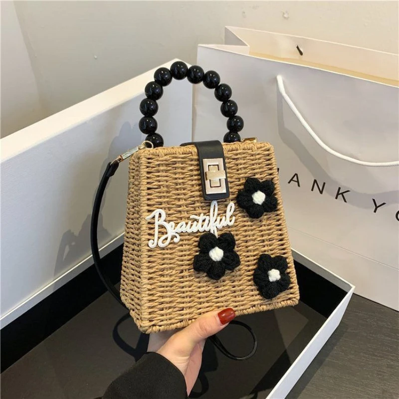 Beige Khaki Straw Woven Box Flower Cottage Core Handbag Beaded Handle Flower Decor French Summer Beach Crossbody Bag For Girls
