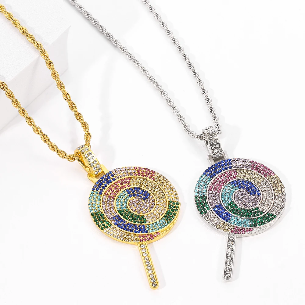 

Hip-Hop Full Diamond Rhinestone Rainbow Candy Necklace Cool Pendant Fashion Jewelry Accessory for Women And Men