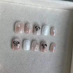10 Pieces Bow Press on Nails Handmade Light Luxury Pearls Simple Short Fake Nails Cute Full Cover Nails Tips For Girls