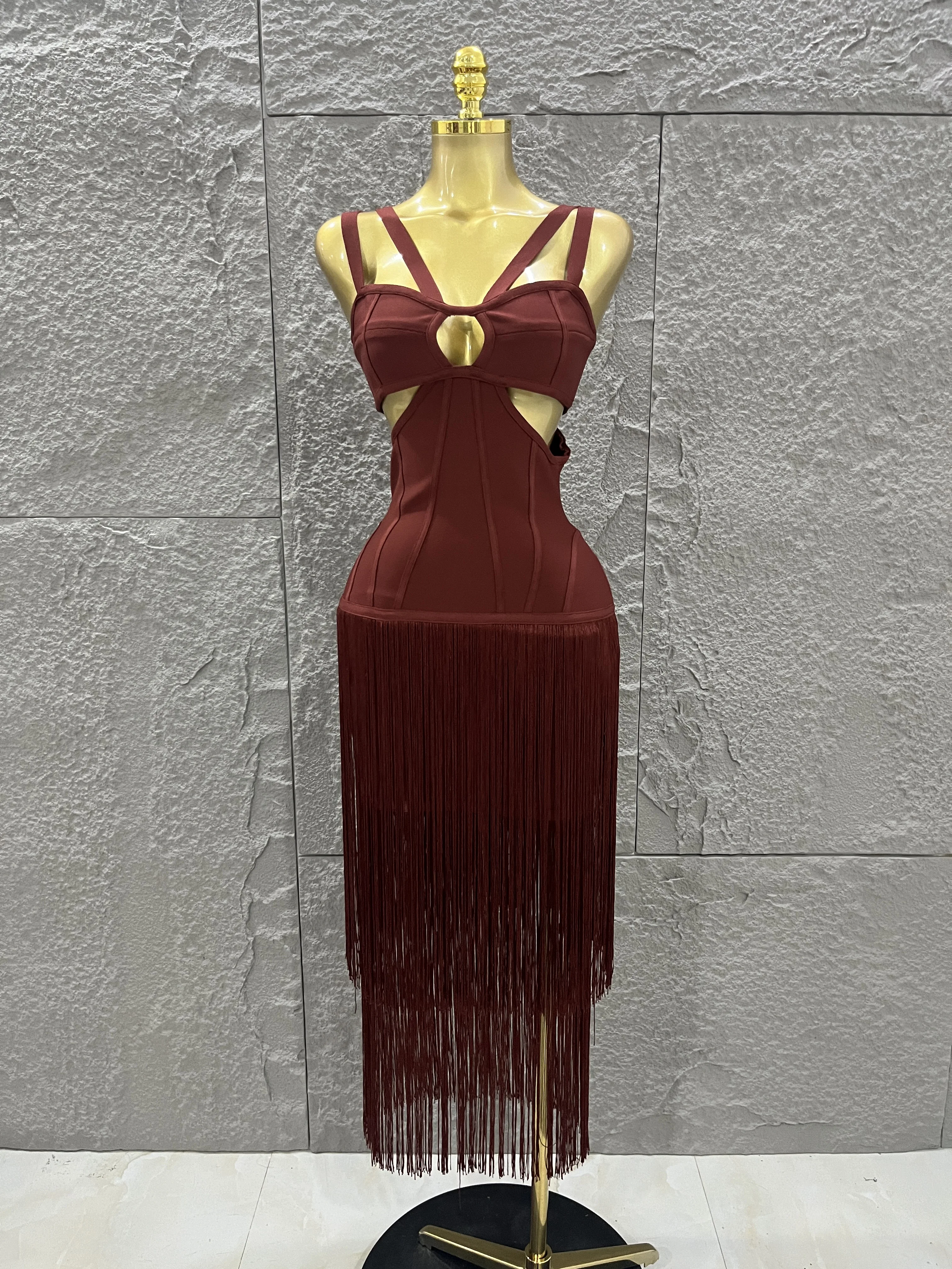 

Glamorous Tassel Bandage Dresses Women Sleeveless Hollow Bodycon Long Dress Celebrity Evening Party Nightclub Afternoon Tea