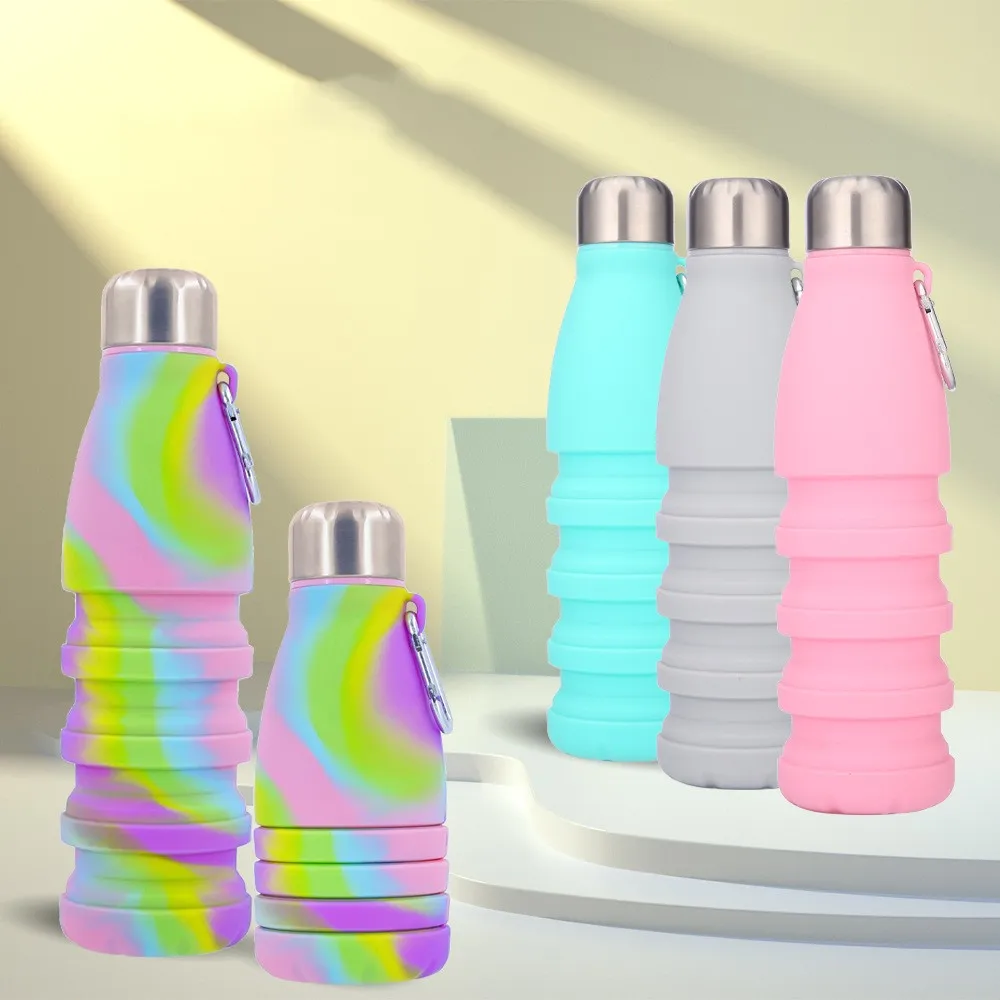 

550ml Portable Collapsible Silicone Water Bottle with Lid Solid Color/Camouflage Foldable Kettle for Sports Travel