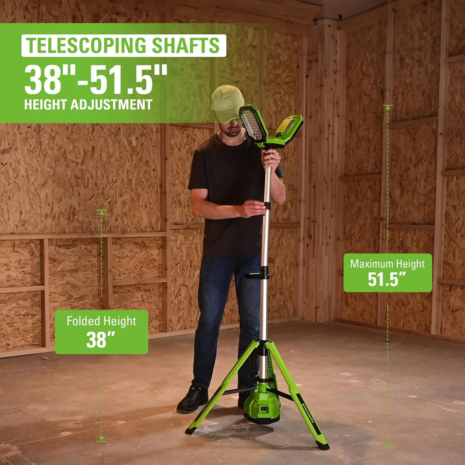 Greenworks 24V 3,000 Lumen Standing Light Kit, LED Tripod Light with 2Ah Battery and 2A Charger