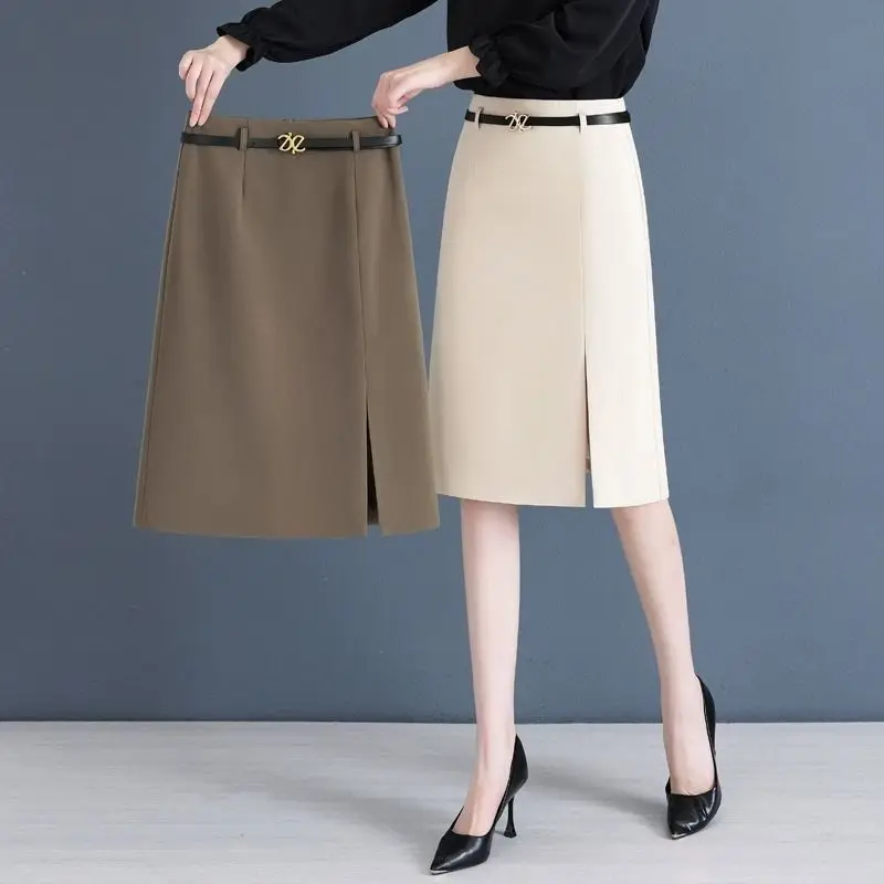 A-line Skirt for Women in Spring and Summer New High-waisted Professional Hip-pack Skirt Mid-length Temperament One-step Skirt