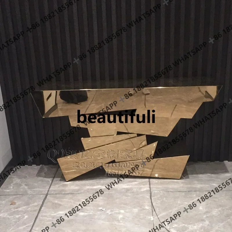 

D182Modern simple entrance table American stainless steel strip case living room marble wall side table Nordic living room entra