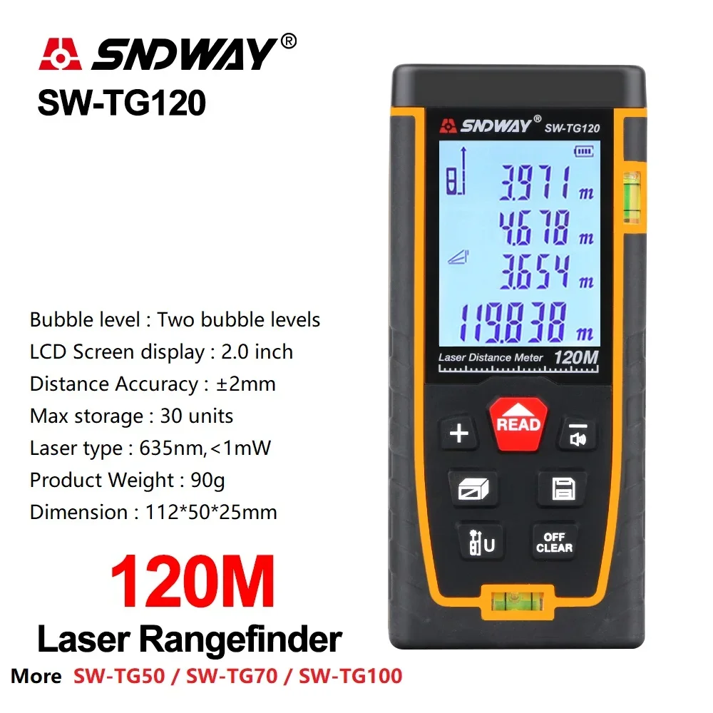 SNDWAY Laser Rangefinder SW-TG50 TG120 Series 2 Inch Screen 50 70 100 120m 2 Bubble Leverl Laser Distance Meter Range Finder