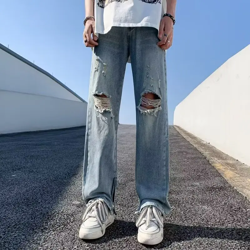 

Мужские джинсы в стиле ретро американской рабочей одежды, весенне-осенние, прямого кроя, с легким клешем, в уличном стиле, с эффектом потертости, крутые, трендовые