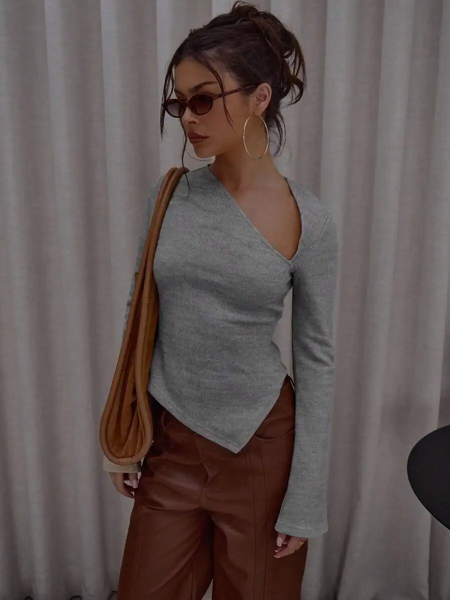 

Asymmetric Hem Cut Out Long Sleeve Knit Top Casual Streetwear Sweater