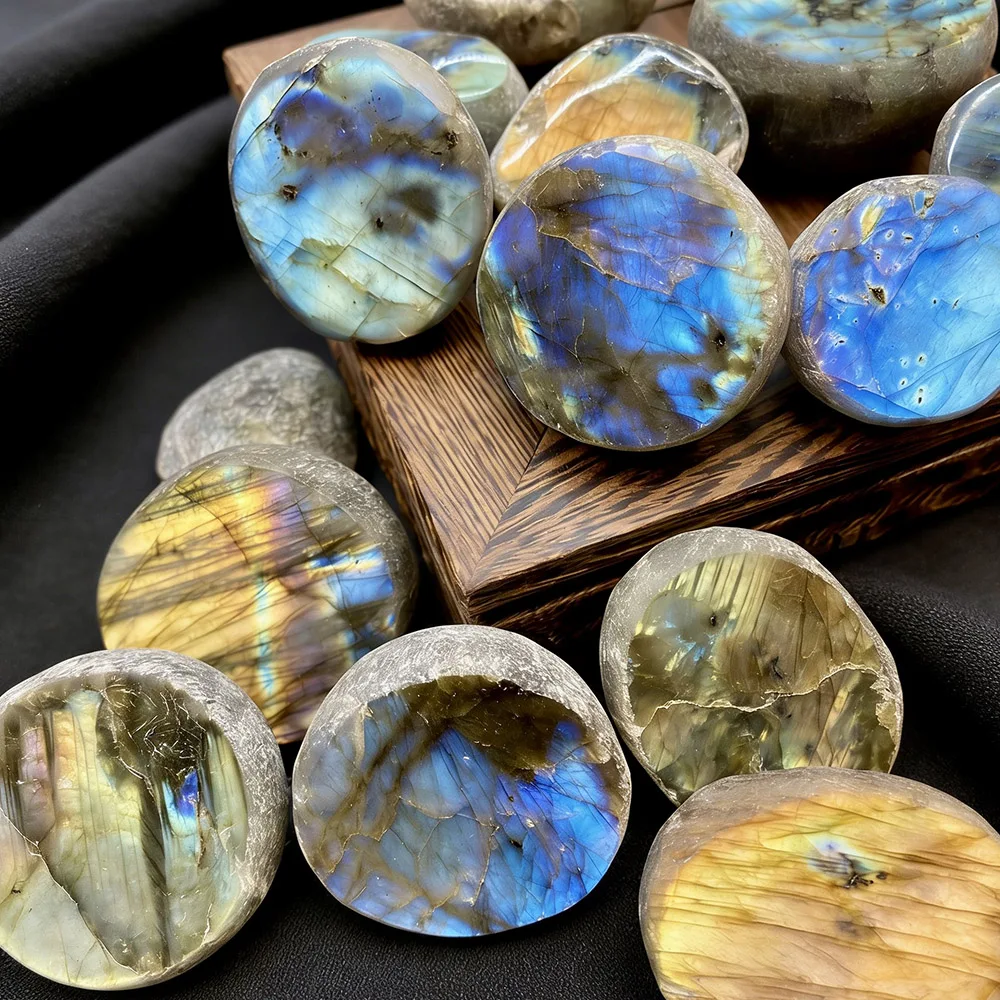 Natural Labradorite Ema Egg Palm Stone Semi-Polished Flashy Iridescent Crystal Healing Energy Home