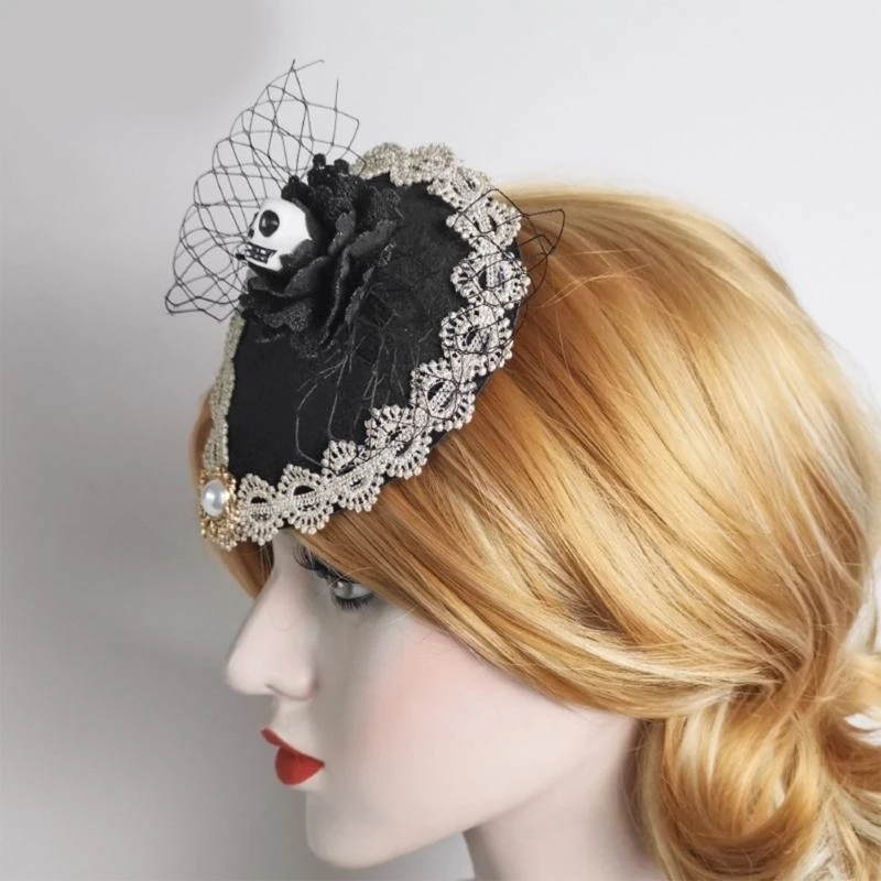 Épingle à cheveux en dentelle tridimensionnelle rétro pour spectacle sur scène, tête mort, nœud papillon, mini chapeau, pour