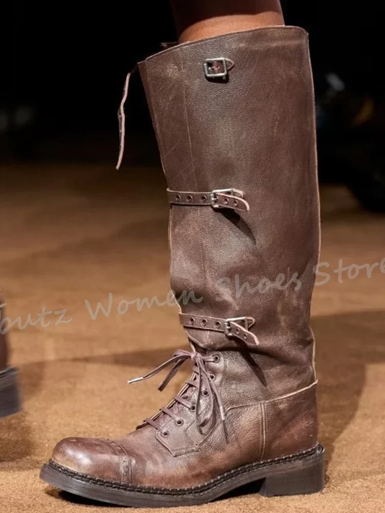 

Vintage Cowboy Knee High Boots Belt Buckle Lace-Up Round Toe Square Heels Luxury Leather Solid Color Fashion Concise Luxury New