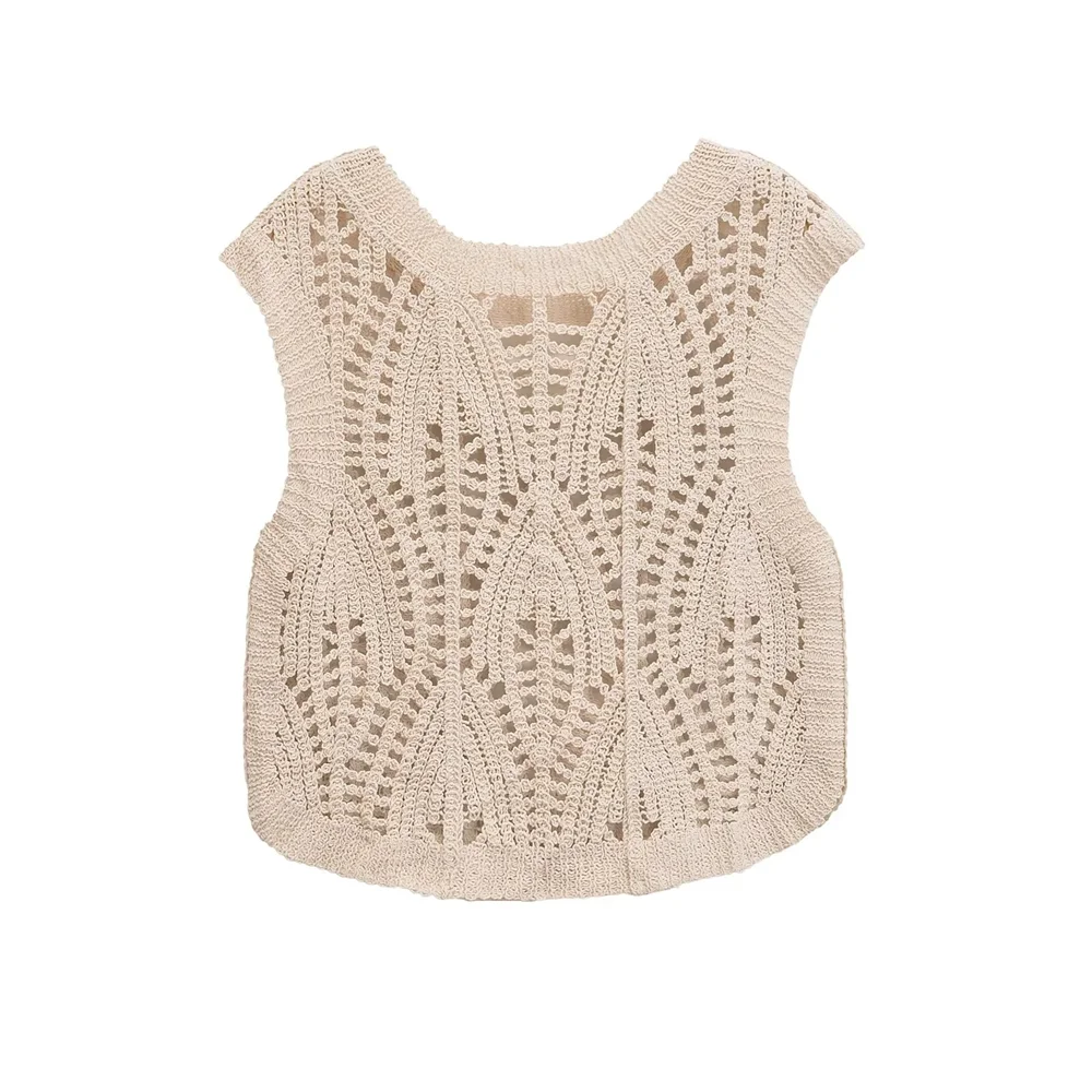 PB&ZA2024 autumn new women\'s casual temperament fashionable solid color crochet round neck sleeveless knitted vest