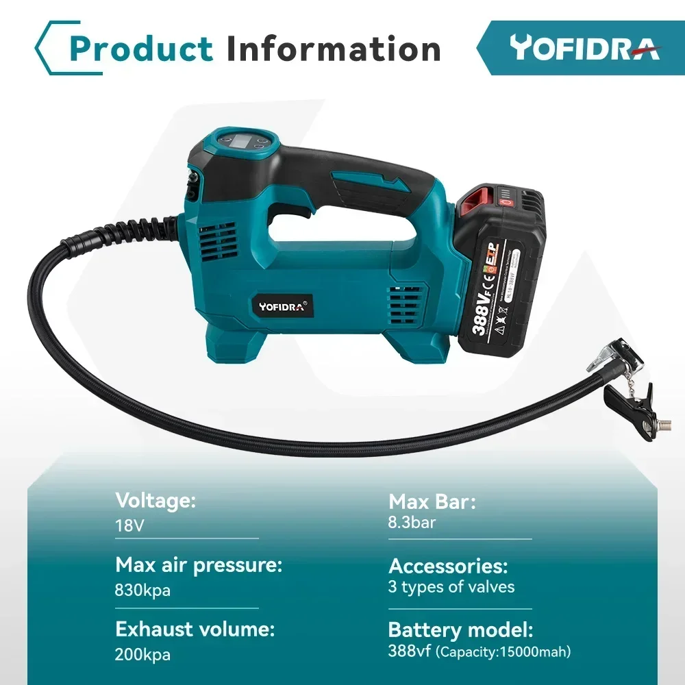 Yofidra Electric Air Pump LED Display Cordless Rechargable Car Tire Electric Inflator Power Tool For Makita 18V Battery