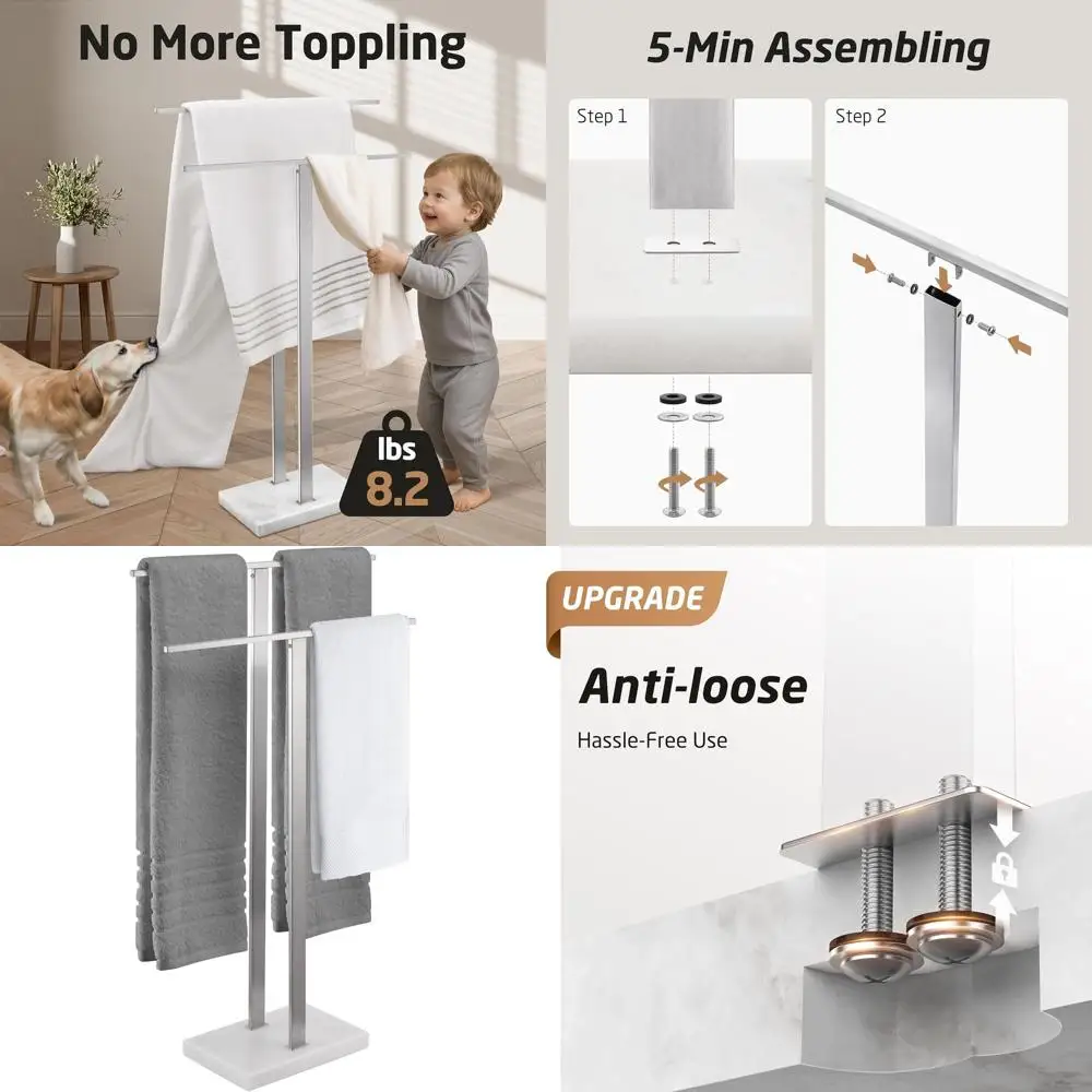 

Double Tier Freestanding Towel Rack with Heavy Marble Base, Brushed Stainless Steel, 18/8 Finish