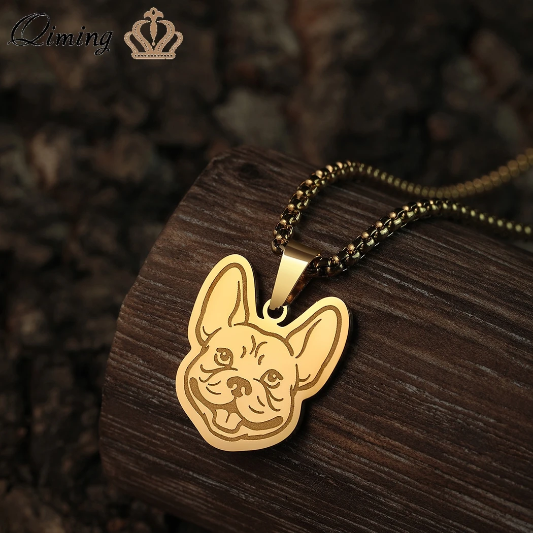 QIMING Frenchie French Bulldog Dog Head Necklace Women Men Jewelry Lovely Animal Pet Lover Stainless Steel Vintage Necklace