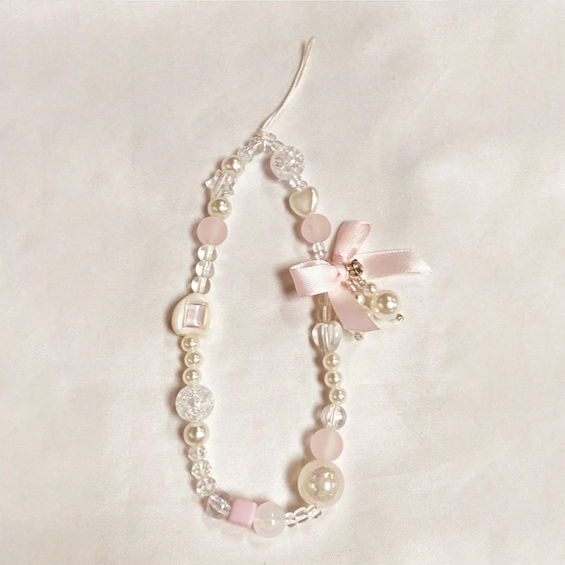 1Pcs Korean Lovely Pink Bowknot White Beaded Phone XYun Charm Lanyard For iPhone Samsung Universal Accessories Jewelry Pendant