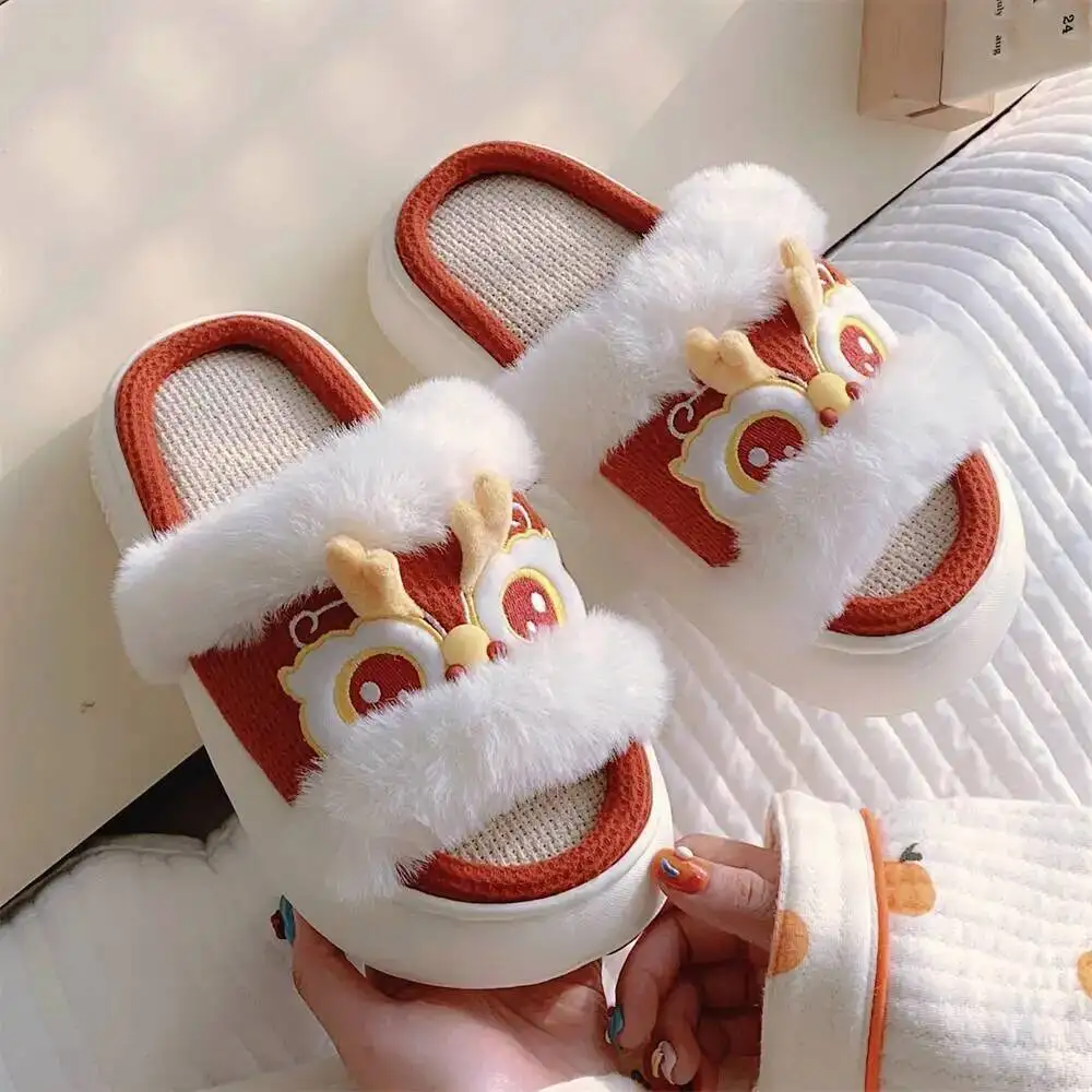 

Home Slippers Chinese Trend Lion Dance Linen Slippers For Women Four-Season Anti Slip Thick Soled Cotton Linen Floor Shoes