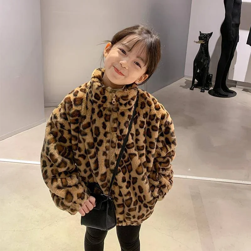 

Girl Leopard Print Jacket Fleece Velvet Thicken Coat for Children Autumn Winter Cotton Padding Outwear 1 To 8 Years Kids Clothes