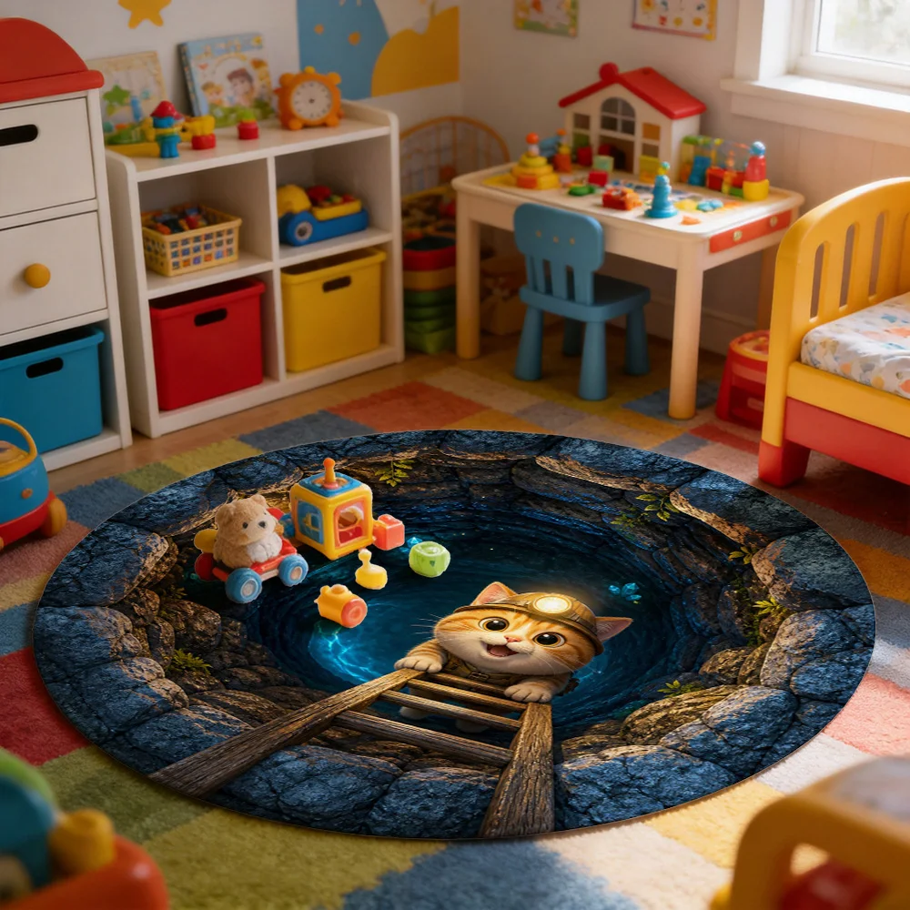 Cute Kitten Adventure Tunnel Rug for Nursery Kids Play Mat Indoor Area Decor Pet Lover Gift