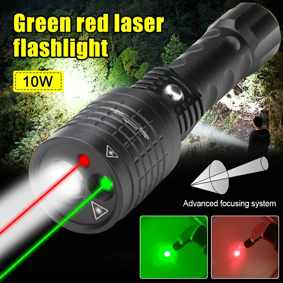 New 3 in 1 White Zoomable Hunting Flashlight Green&Red Laser Pointers Spotlight 3 Light Source Laser Flashlight Hunting Optics