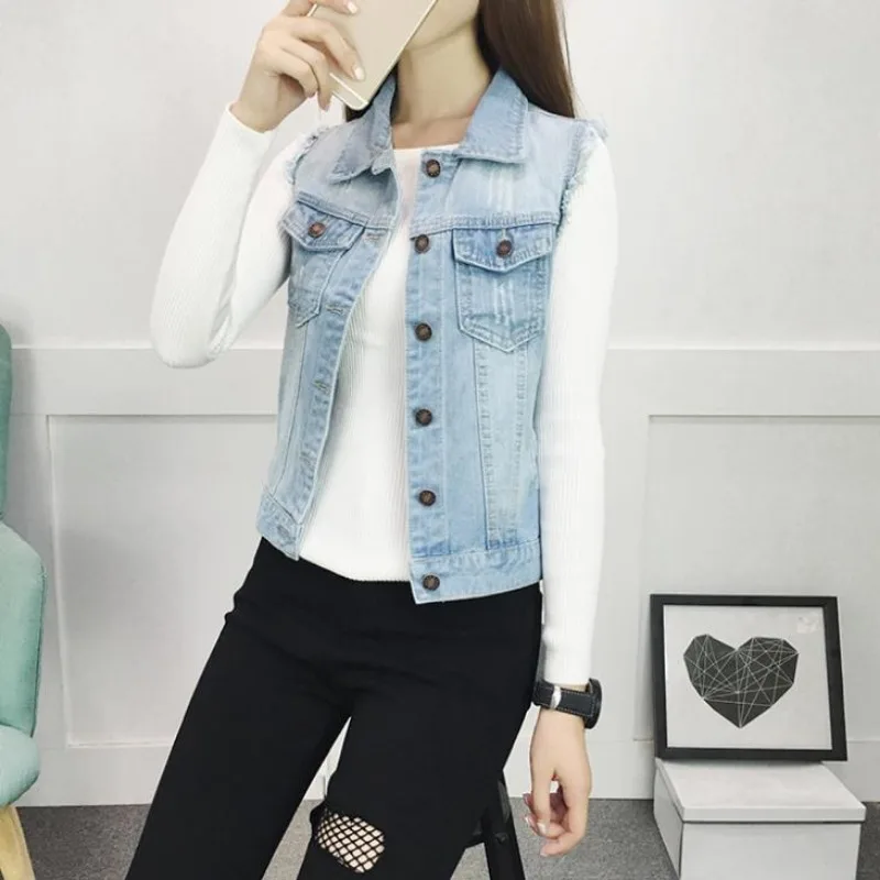 Golf Women Denim Top Black Vests  Sleeveless Woman Coat Trend Raw Edges Raw Edges Waistcoat Cardigan Chic Sweet Y2K New Solid