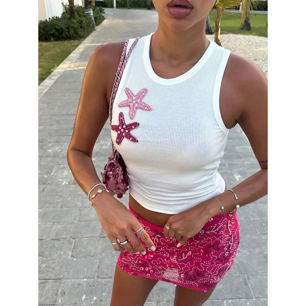 

Сексуальный комплект из топа и юбки для женщин: топы с 3D-аппликациями, юбка А-силуэта из 100% льняной ткани