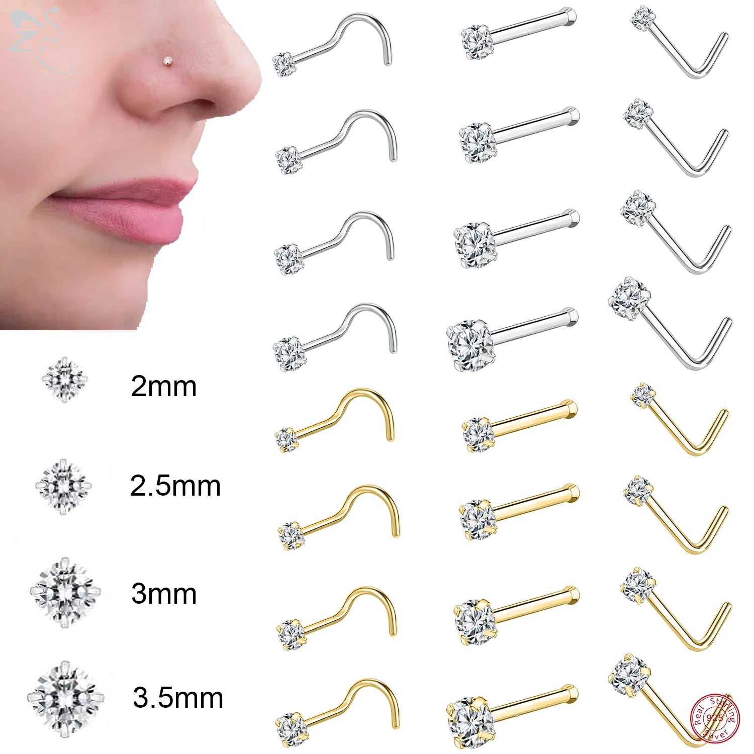 

ZS 1PC 18/20G 925 Sterling Silver Nose Stud Gold Color Crystal Nose Piercings Screw L-Shape Retainer Nostril Piercing 2-3.5mm