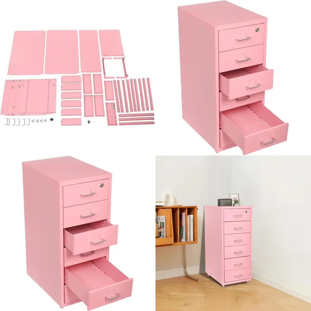 

Pink Vertical Metal File Cabinet, 11x16x27in, with Lock and Wheels for Home Office Storage