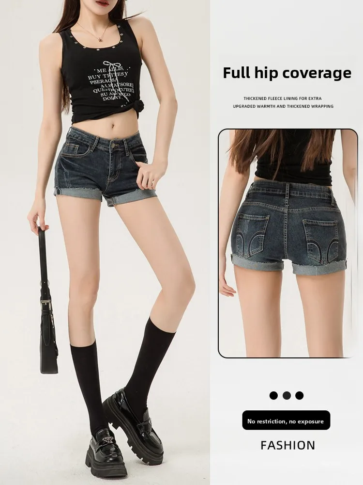 Low Waist Cuffed Elastic Design Denim Shorts Women's Summer Slim Fit Hot Pants American Style Casual Cotton Zipper Style