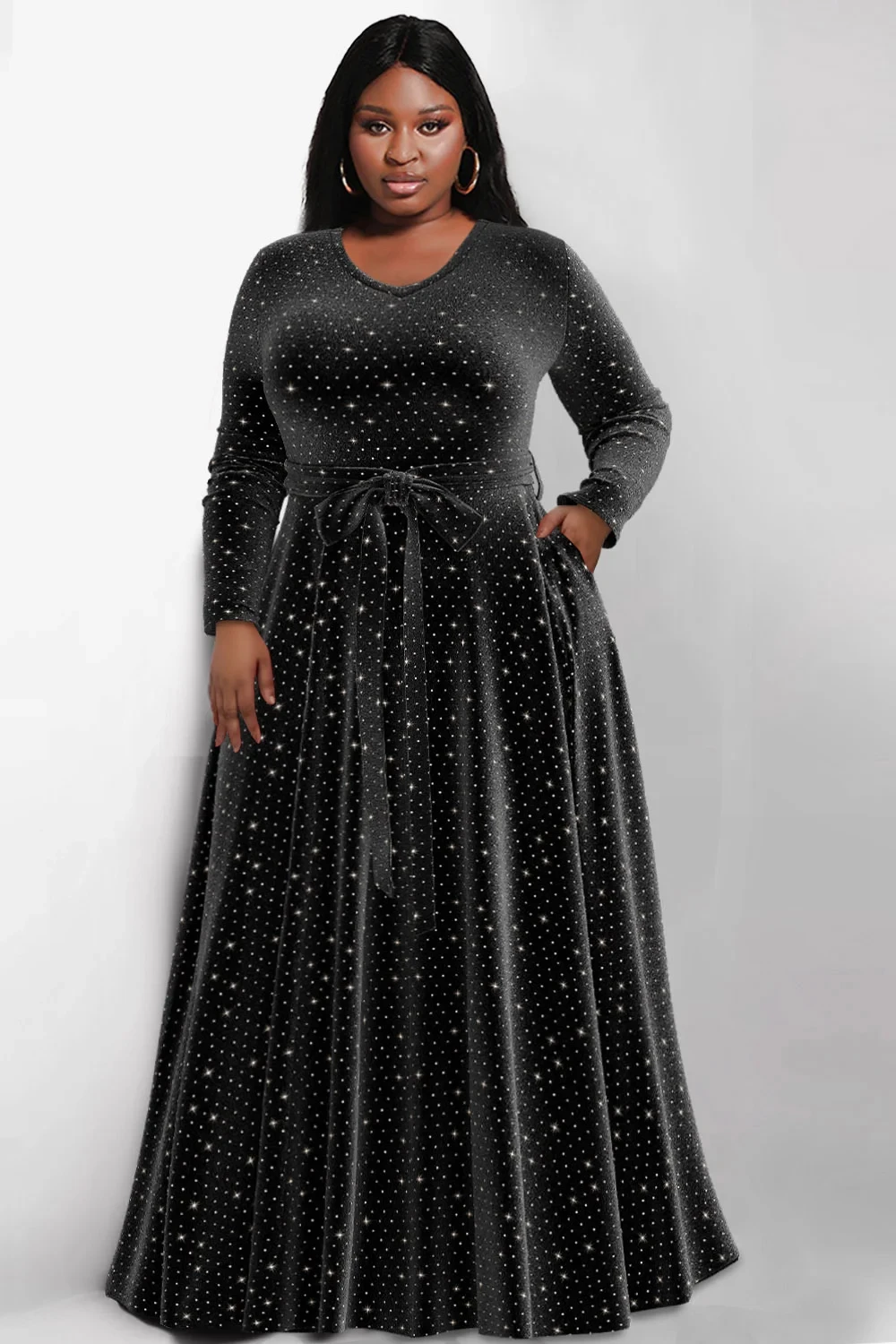 

Women's Black Fall Church Dress V-Neck Shiny Velvet Long Sleeve Maxi Dress With Pocket