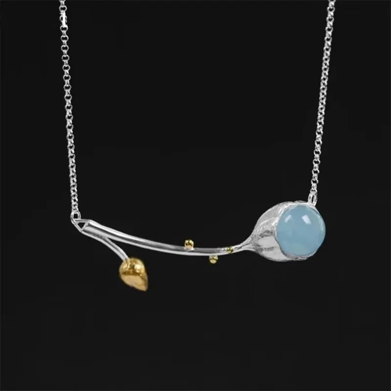 925 Sterling Silver Natural Aquamarine Seedpod of the Lotus Necklace For Women Yoga Chakra Buddhism Jewelry Gifts