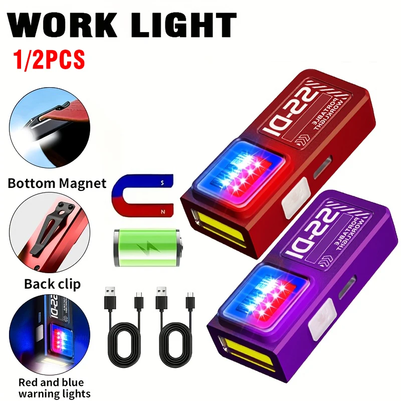 1/2PCS Mini COB LED Flashlight USB Rechargeable Powerful Work Light with Clip Magnet Waterproof EDC Camping Walking Pocket Lamp